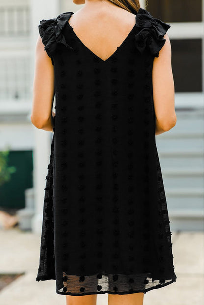 Swiss Dot V Neck Ruffled Sleeveless Mini Dress in Black