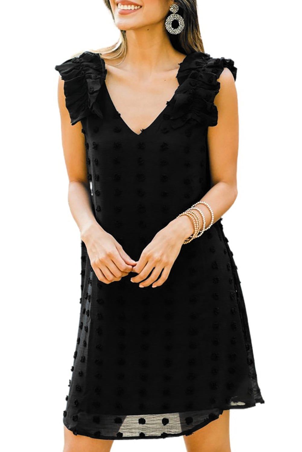 Swiss Dot V Neck Ruffled Sleeveless Mini Dress in Black