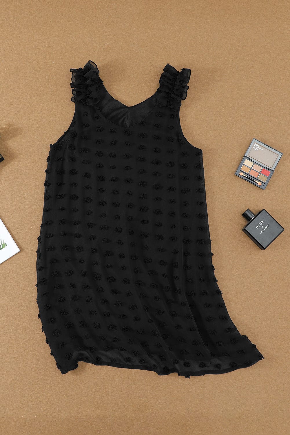 Swiss Dot V Neck Ruffled Sleeveless Mini Dress in Black