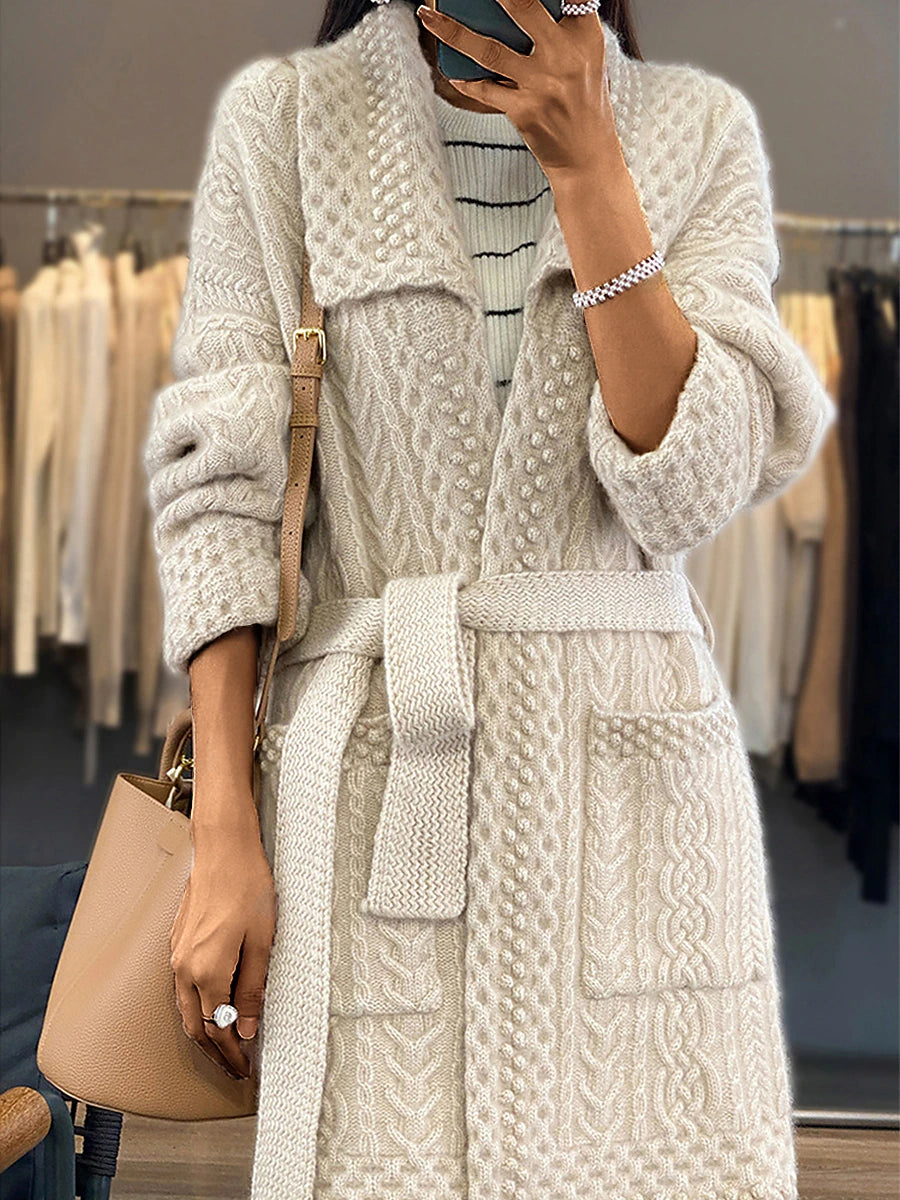 Women's Cardigan Sweater Jumper Cable Knit Long Lace up Button Solid Color Shirt Collar Stylish Casual Outdoor Holiday Fall Winter Beige S M L