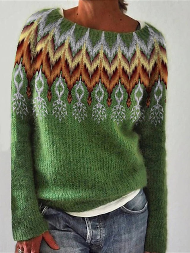 Women's Crew Neck Pullover Sweater Jumper Ribbed Knit Acrylic Knitted Print Fall Winter Regular Outdoor Daily Going out Stylish Casual Soft Long Sleeve Striped Print Blue Green S M L