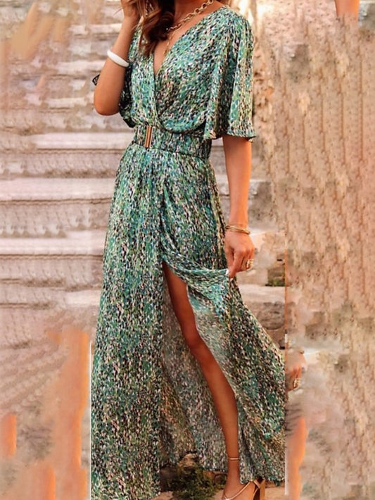 Women's Dress - Long Dress Maxi Dress Casual Dress Floral Dress Boho Dress Floral Casual Outdoor Daily Going out Lace up Split Long Sleeve V Neck Dress Loose Fit Black Red Green Fall Spring S M L XL XXL