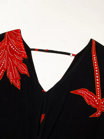 Chiffon Leaf Flower Print V Neck Maxi Dress