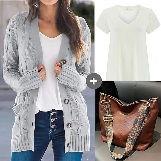 Spring Outfits - Women's Sweater Cardigans & T-Shirt & Bag Set Cable-Knit Buttoned Cardigan with Pockets and Blouse T shirt Tee Basic