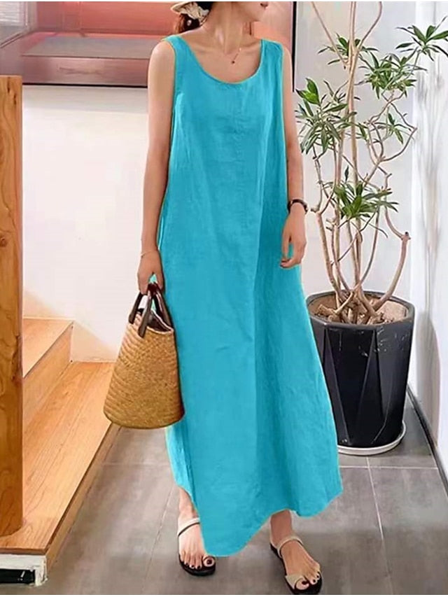 Women's Dress - Cotton Linen Dress Casual Dress Shift Dress Maxi long Dress Cotton Blend Basic Casual Daily Holiday Vacation Crew Neck Pocket Sleeveless Summer Spring 2023 Loose Fit Yellow Pink Red Pure Color