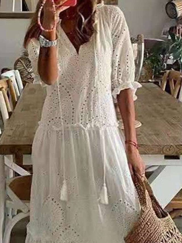Women's Dress - Long Dress Maxi Dress White Dress Casual Dress Eyelet Half Sleeve Pure Color Hollow Out Daily Vacation Spring Summer Dress V Neck 2023 S M L XL