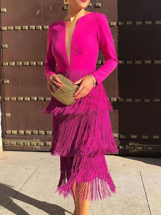 Women's Dress - Semi Formal Party Dress Fringe Dress Midi Dress Pink Long Sleeve Pure Color Tassel Fringe Winter Fall Autumn V Neck Stylish Winter Dress Fall Dress 2023 S M L XL XXL