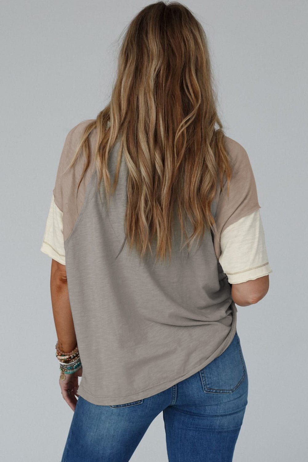 Taupe Colorblock Casual T-Shirt with Exposed Seams