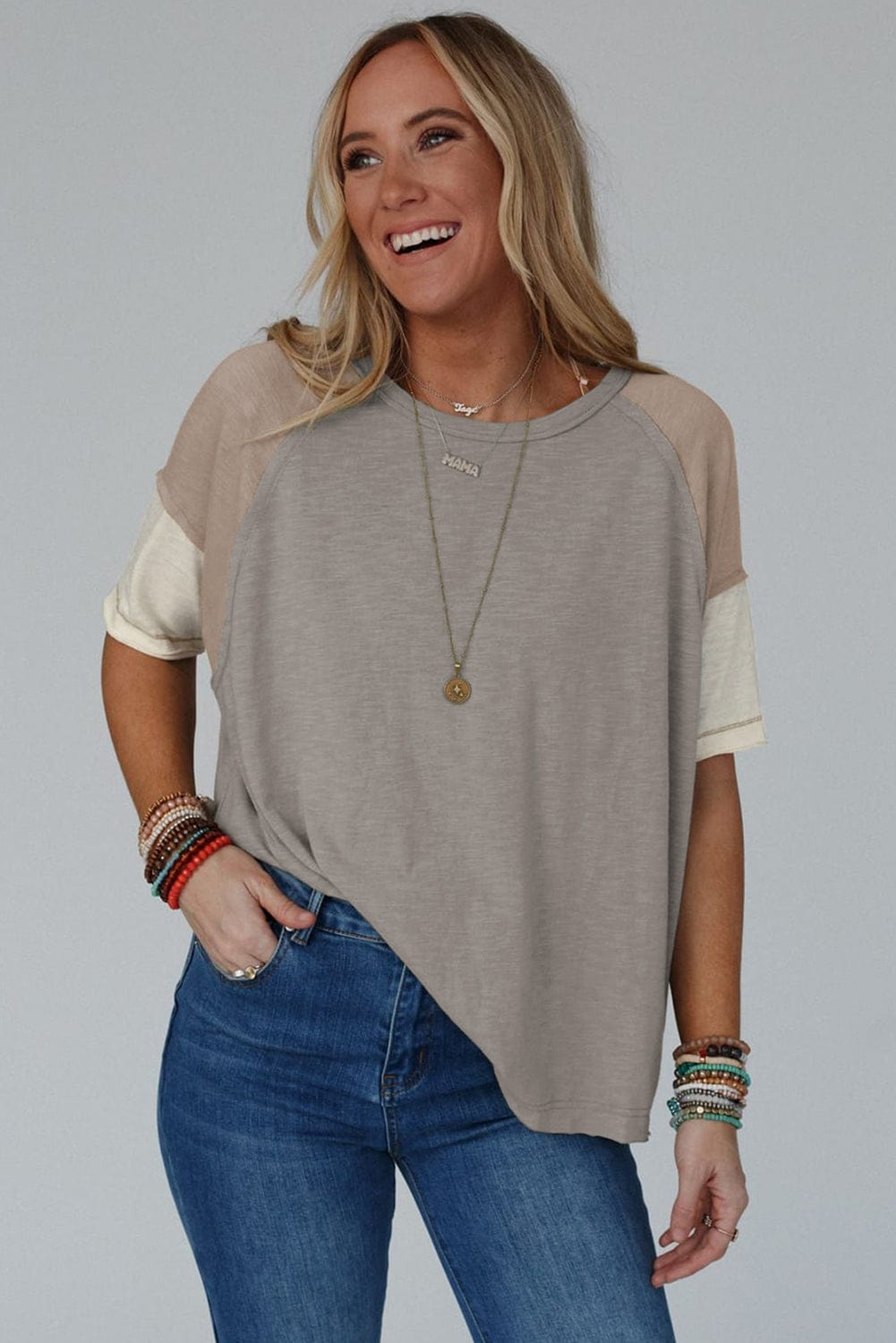 Taupe Colorblock Casual T-Shirt with Exposed Seams