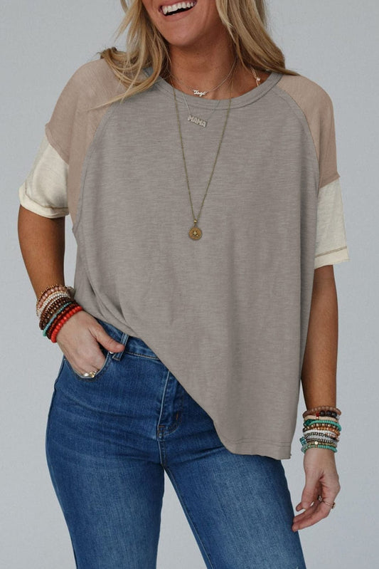 Taupe Colorblock Casual T-Shirt with Exposed Seams