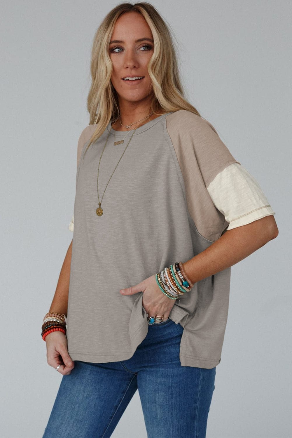 Taupe Colorblock Casual T-Shirt with Exposed Seams
