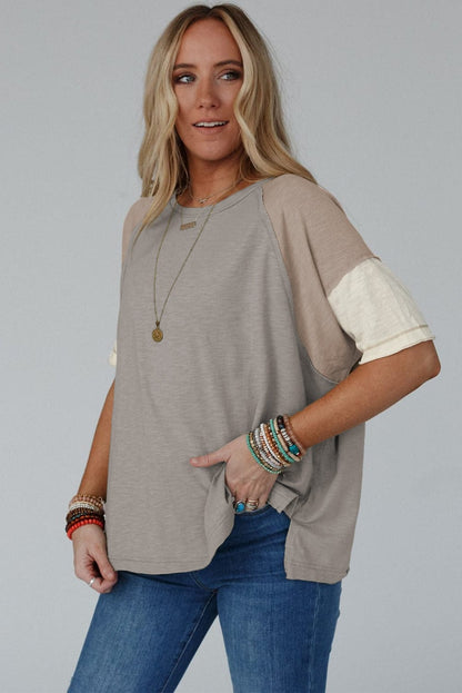 Taupe Colorblock Casual T-Shirt with Exposed Seams