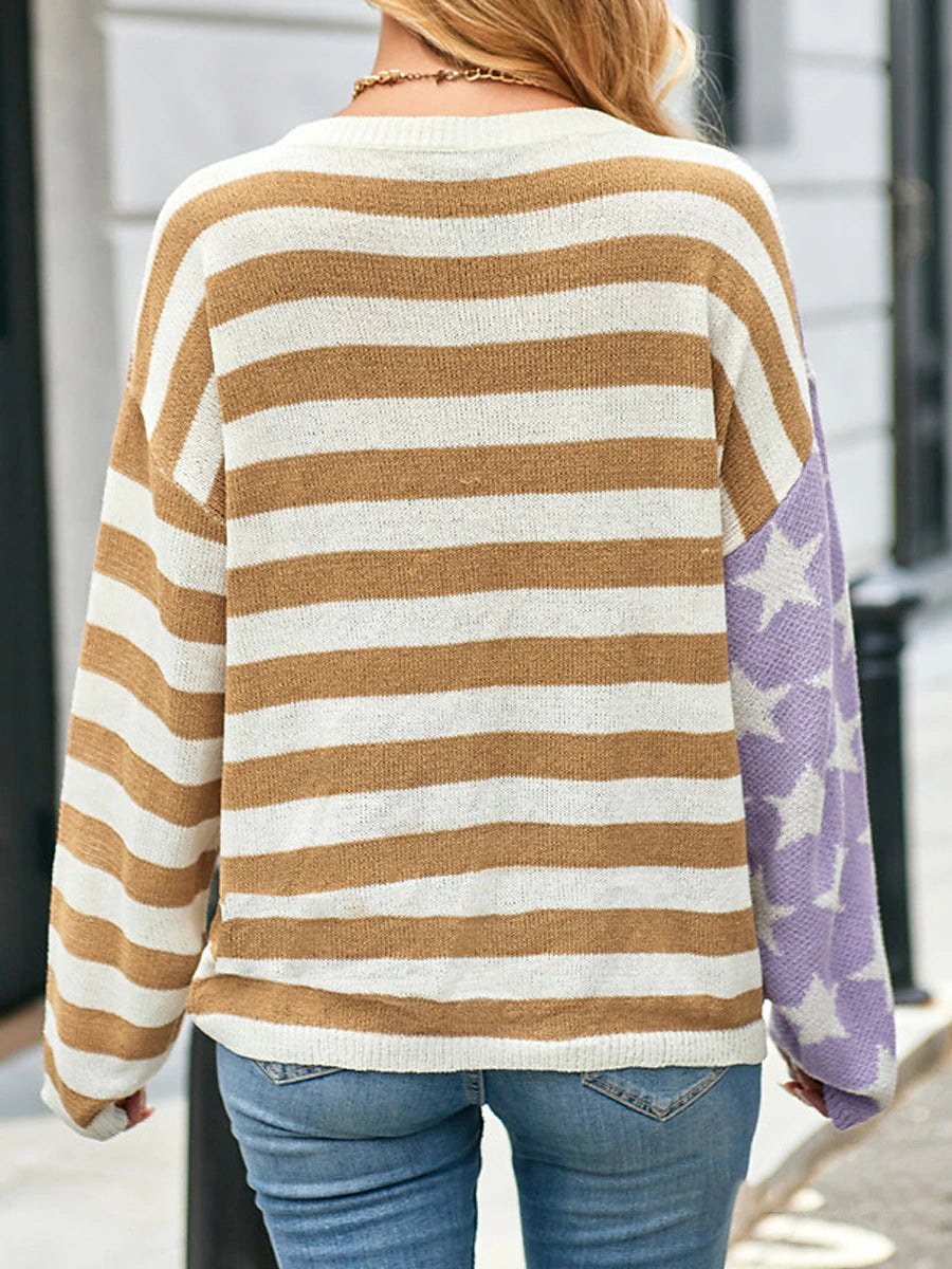 Women's Pullover Sweater Jumper Crew Neck Ribbed Knit Acrylic Patchwork Summer Spring Daily Going out Weekend Stylish Casual Soft Long Sleeve Star Striped Fuchsia Khaki S M L