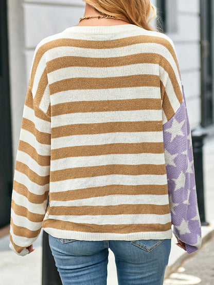 Women's Pullover Sweater Jumper Crew Neck Ribbed Knit Acrylic Patchwork Summer Spring Daily Going out Weekend Stylish Casual Soft Long Sleeve Star Striped Fuchsia Khaki S M L