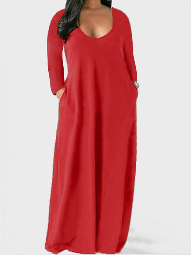 Women's Dress - Plus Size Shift Dress Solid Color Boat Neck Long Sleeve Spring Fall Basic Casual Maxi long Dress Daily Vacation Dress