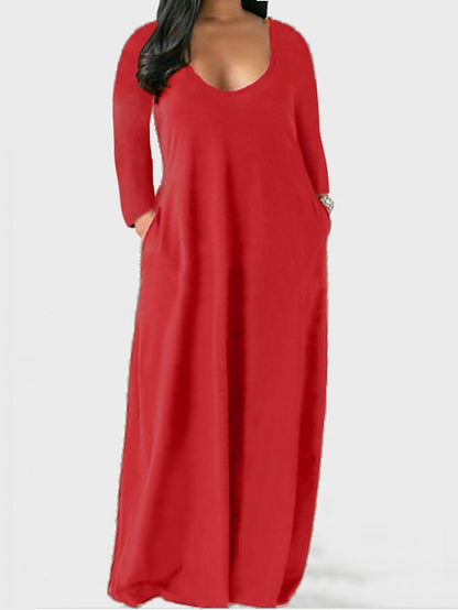 Women's Dress - Plus Size Shift Dress Solid Color Boat Neck Long Sleeve Spring Fall Basic Casual Maxi long Dress Daily Vacation Dress