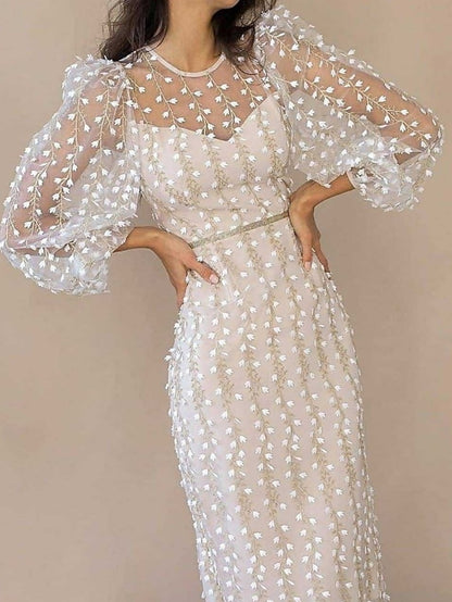 Women's Dress - Party Dress Lace Dress Sheath Dress Knee Length Dress White Long Sleeve Pure Color Lace Winter Fall Spring Crew Neck Elegant Winter Dress Birthday Wedding Guest 2023 S M L XL