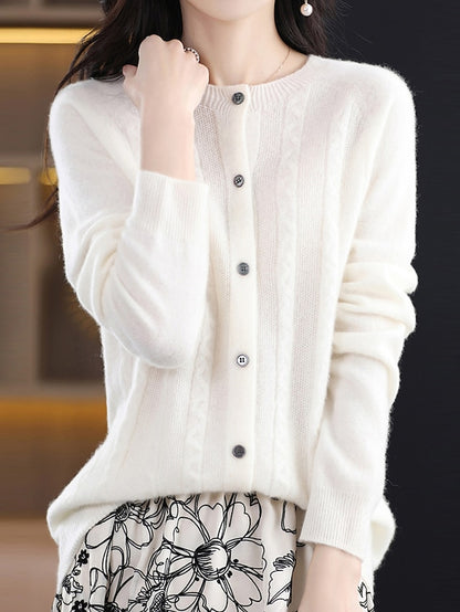 Women's Cardigan Sweater Jacket Crew Neck Cable Knit Polyester Button Knitted Fall Winter Regular Outdoor Daily Going out Streetwear Stylish Casual Long Sleeve Pure Color White Brown Apricot S M L