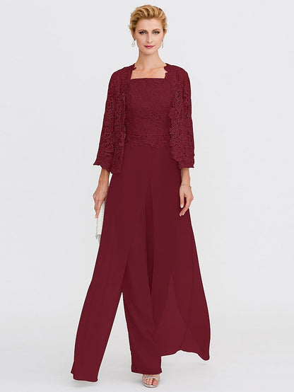 Jumpsuit / Pantsuit Mother of the Bride Dress Formal Plus Size Elegant Square Neck Floor Length Chiffon Corded Lace Sleeveless Wrap Included with Lace Appliques 2023 - LuckyFash™