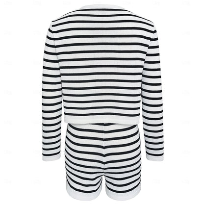 Set with Knitted Cardigans Sweaters Stripes Shorts Necklace 3 PCS Elegant Retro Vintage 1970s Outfits Women's Casual Daily Wear