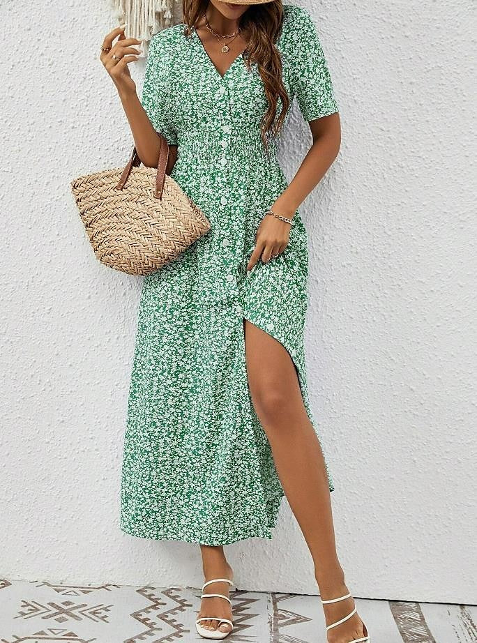 Women's Floral Maxi Dress Green Chiffon A Line Dress Tiered V Neck Hawaiian BeachVacation Short Sleeve Button Summer