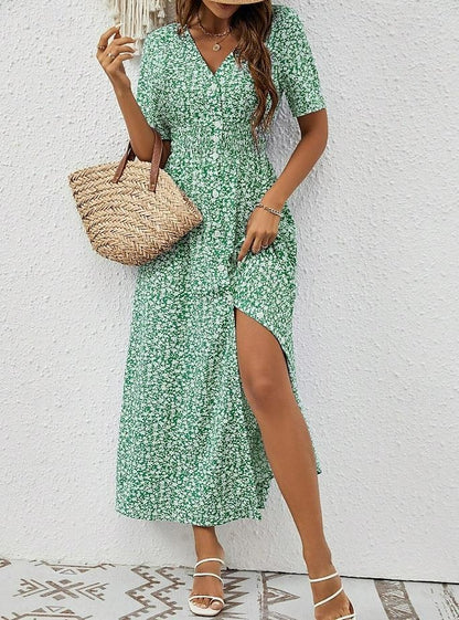 Women's Floral Maxi Dress Green Chiffon A Line Dress Tiered V Neck Hawaiian BeachVacation Short Sleeve Button Summer