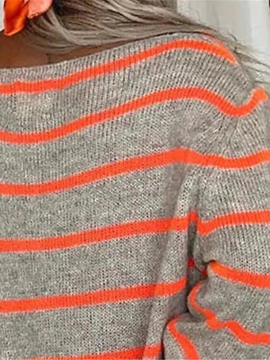 Women's Pullover Sweater Jumper Crew Neck Ribbed Knit Polyester Pocket Fall Winter Daily Going out Weekend Stylish Casual Soft Long Sleeve Striped Maillard Black Pink Orange S M L