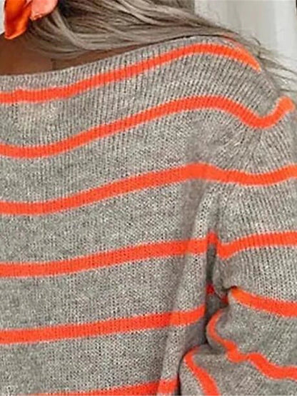 Women's Pullover Sweater Jumper Crew Neck Ribbed Knit Polyester Pocket Fall Winter Daily Going out Weekend Stylish Casual Soft Long Sleeve Striped Maillard Black Pink Orange S M L
