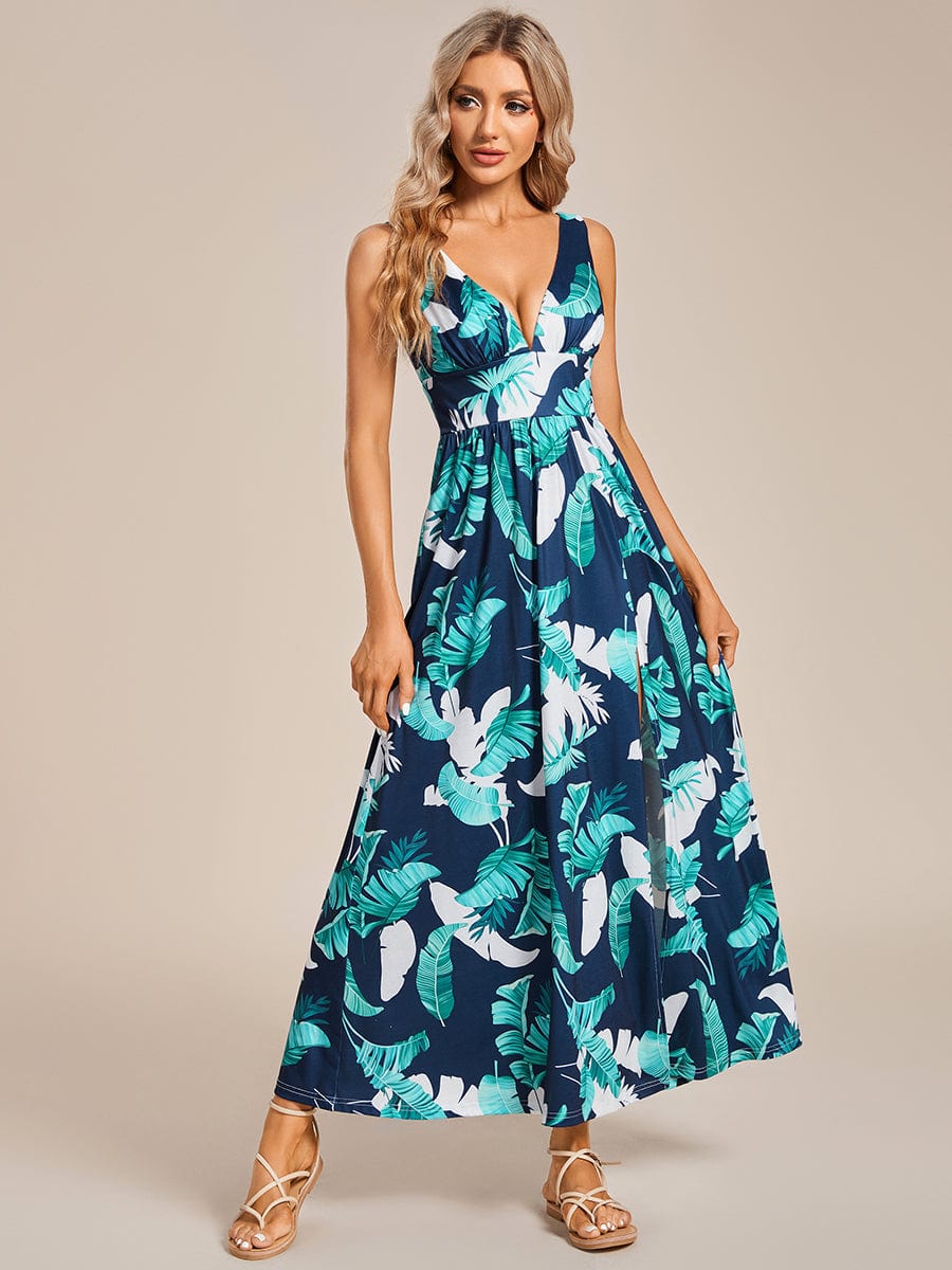 Tea Length Printed Evening Dress with Side Split and Belt
