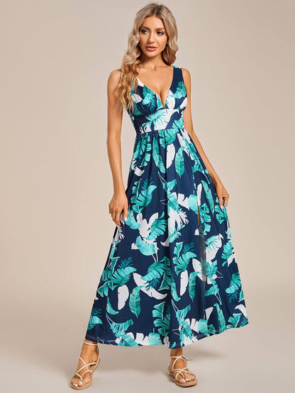 Tea Length Printed Evening Dress with Side Split and Belt