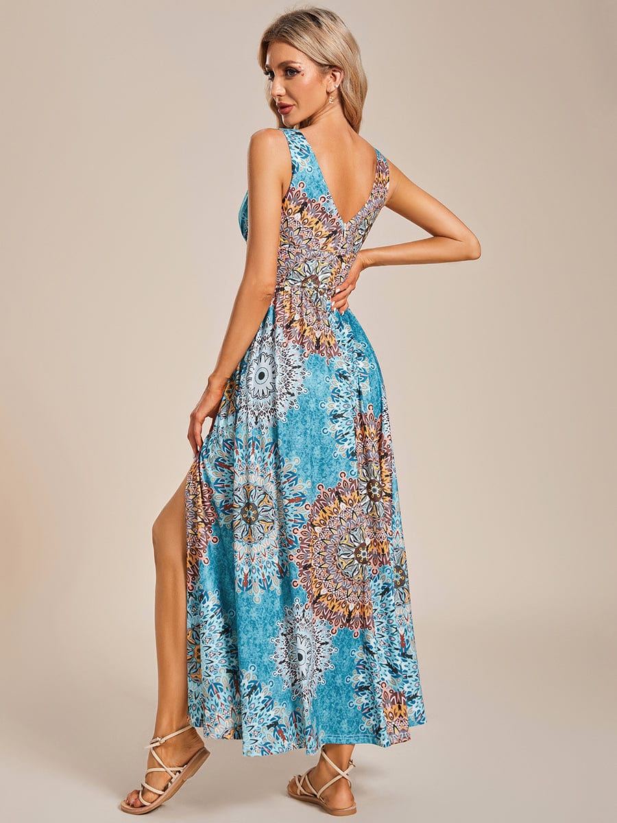 Tea Length Printed Evening Dress with Side Split and Belt