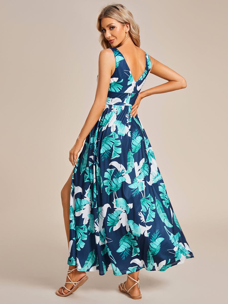 Tea Length Printed Evening Dress with Side Split and Belt