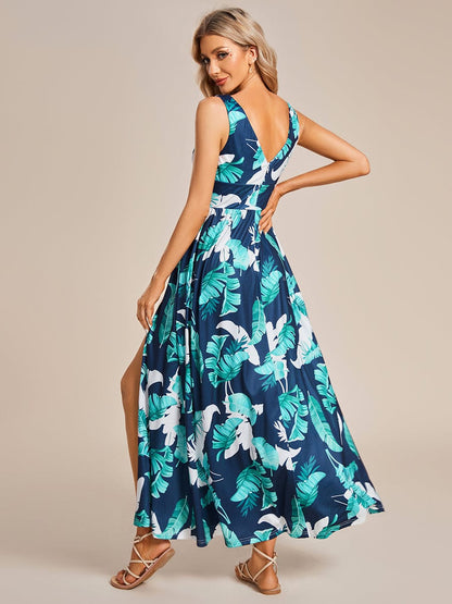 Tea Length Printed Evening Dress with Side Split and Belt