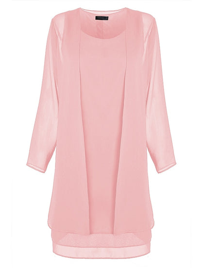 Women's Dress - Dress Set Two Piece Dress Church Dress Midi Dress Light Pink Black Wine Long Sleeve Pure Color Chiffon Summer Spring Crew Neck Stylish Winter Dress Fall Dress 2023 XL XXL 3XL 4XL 5XL