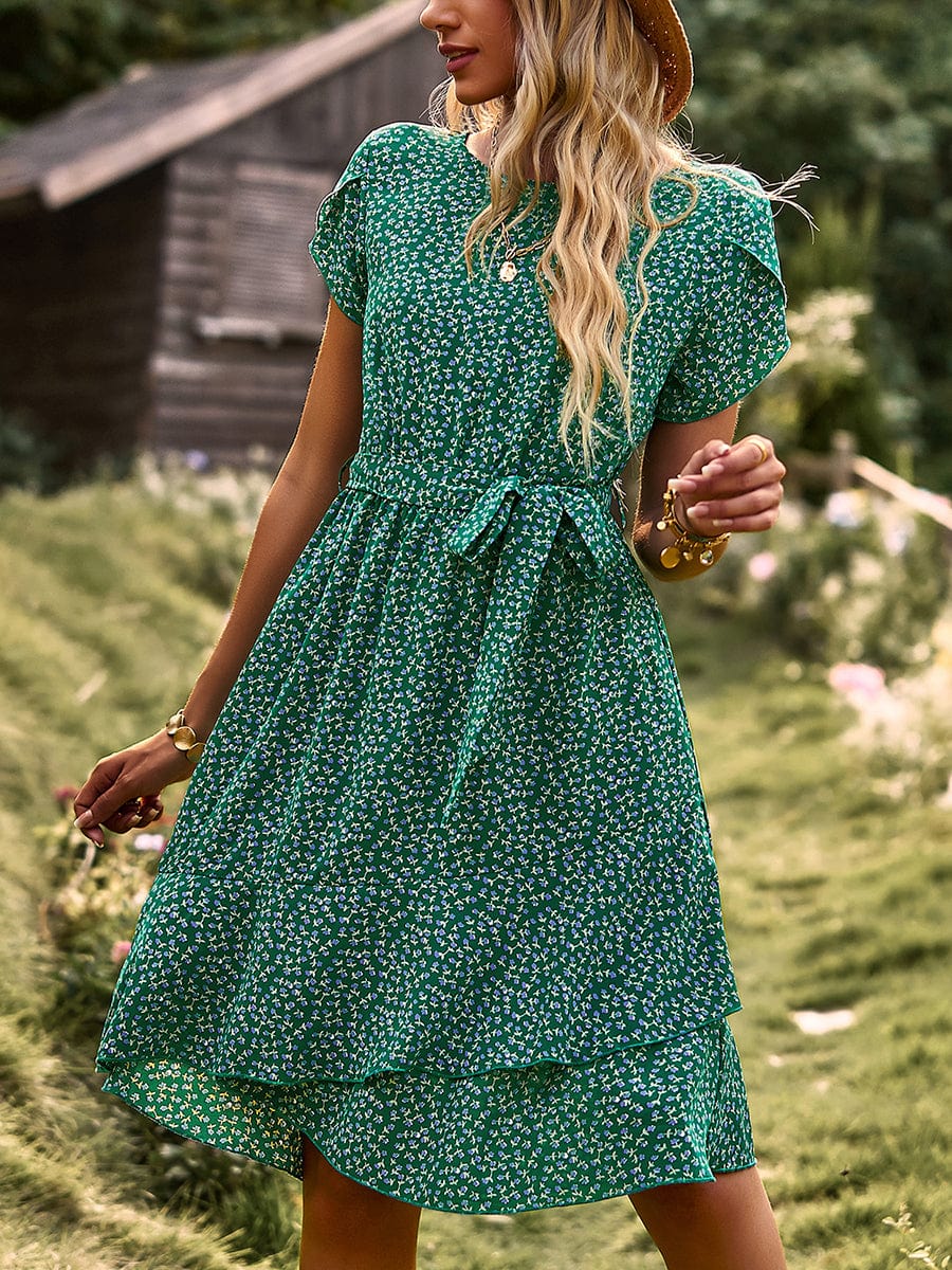 Temperament Floral Casual Strap Waist Round Neck Mini Dress