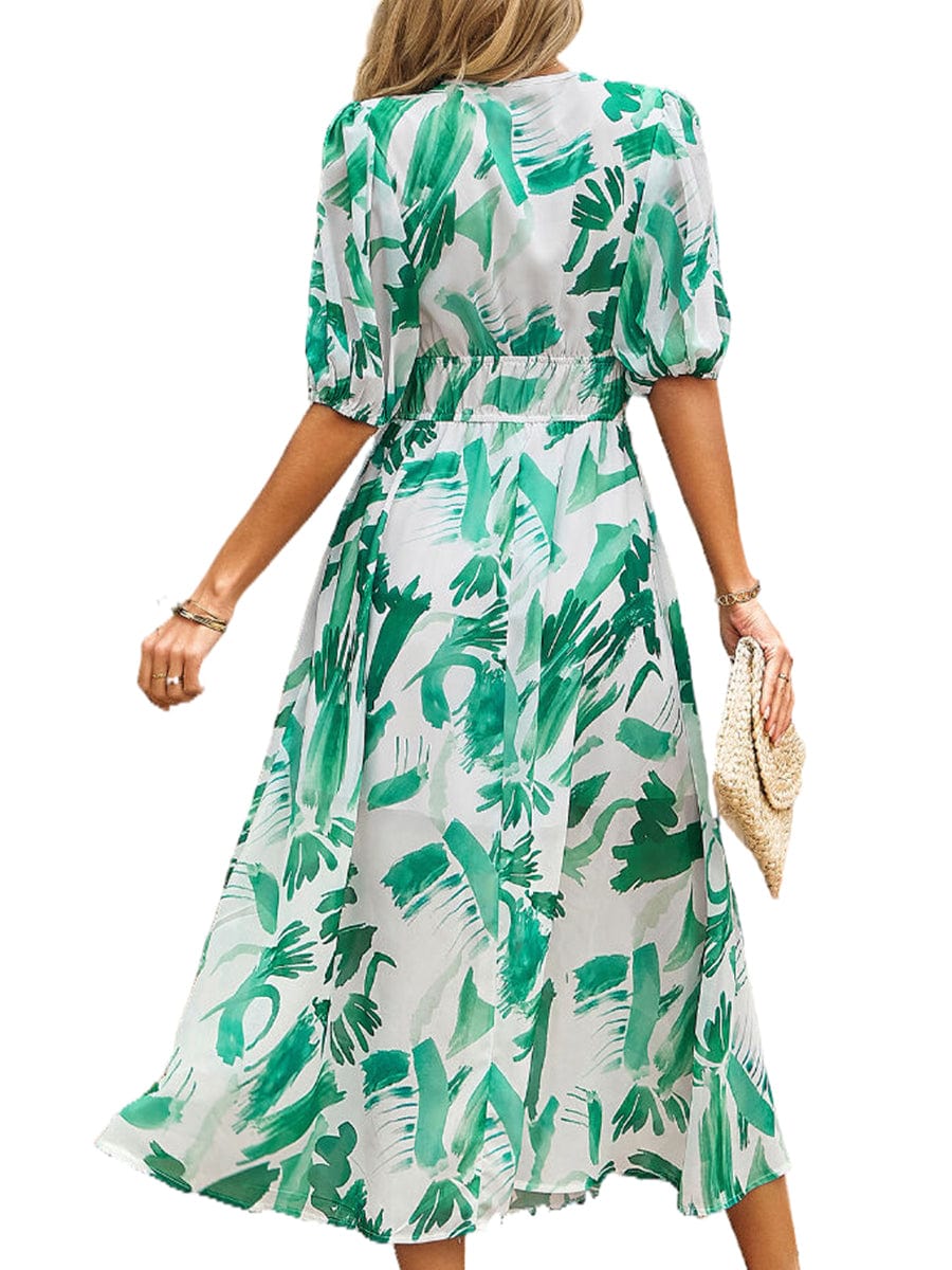 Temperament Print Waist V Neck Midi Dress