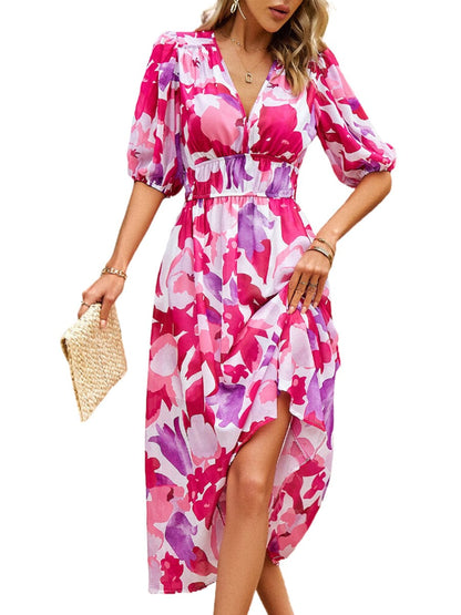 Temperament Print Waist V Neck Midi Dress