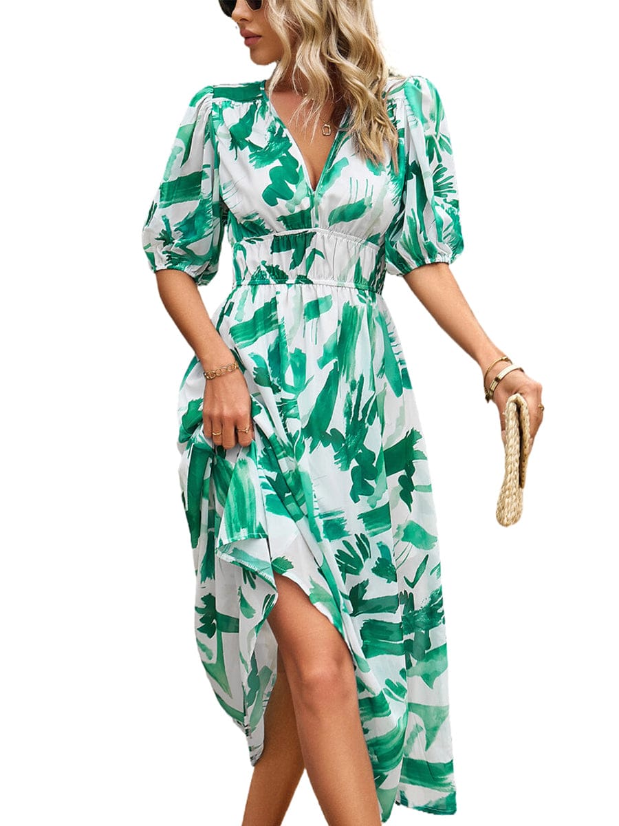 Temperament Print Waist V Neck Midi Dress