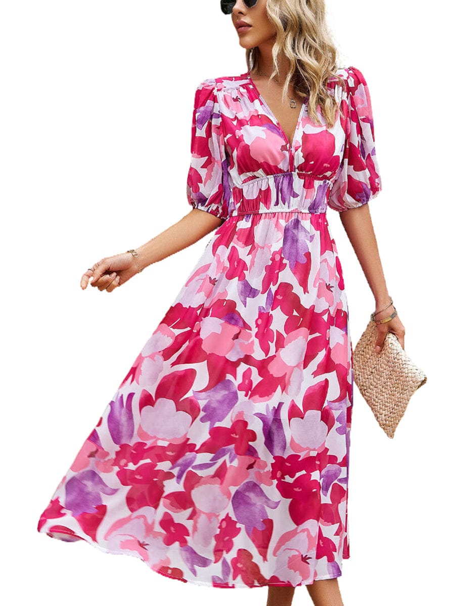 Temperament Print Waist V Neck Midi Dress