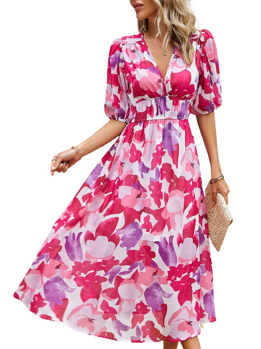 Temperament Print Waist V Neck Midi Dress