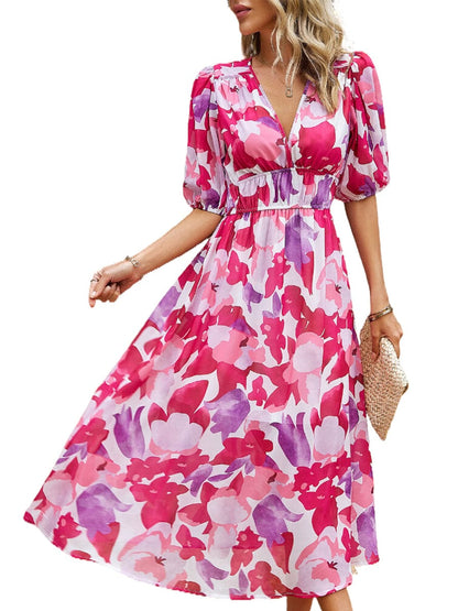 Temperament Print Waist V Neck Midi Dress