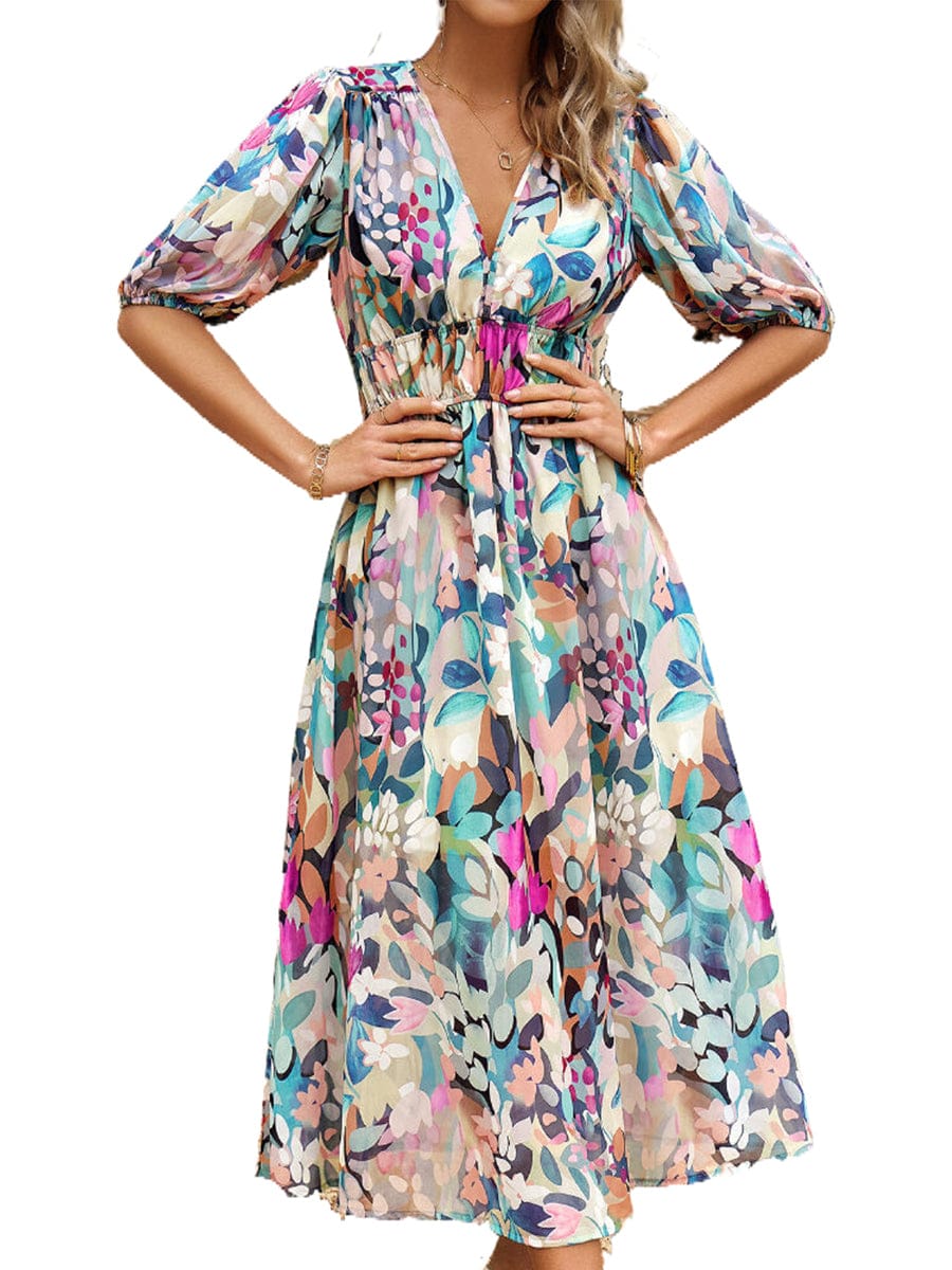 Temperament Print Waist V Neck Midi Dress