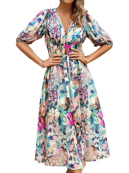 Temperament Print Waist V Neck Midi Dress