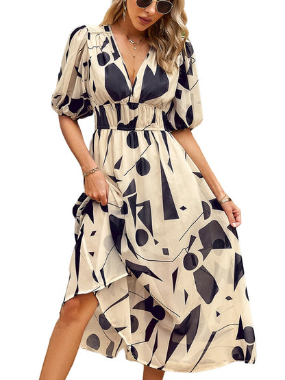 Temperament Print Waist V Neck Midi Dress