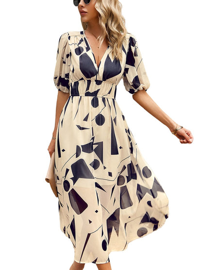 Temperament Print Waist V Neck Midi Dress