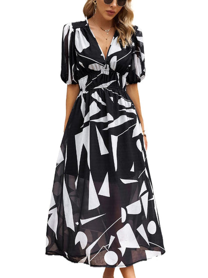 Temperament Print Waist V Neck Midi Dress