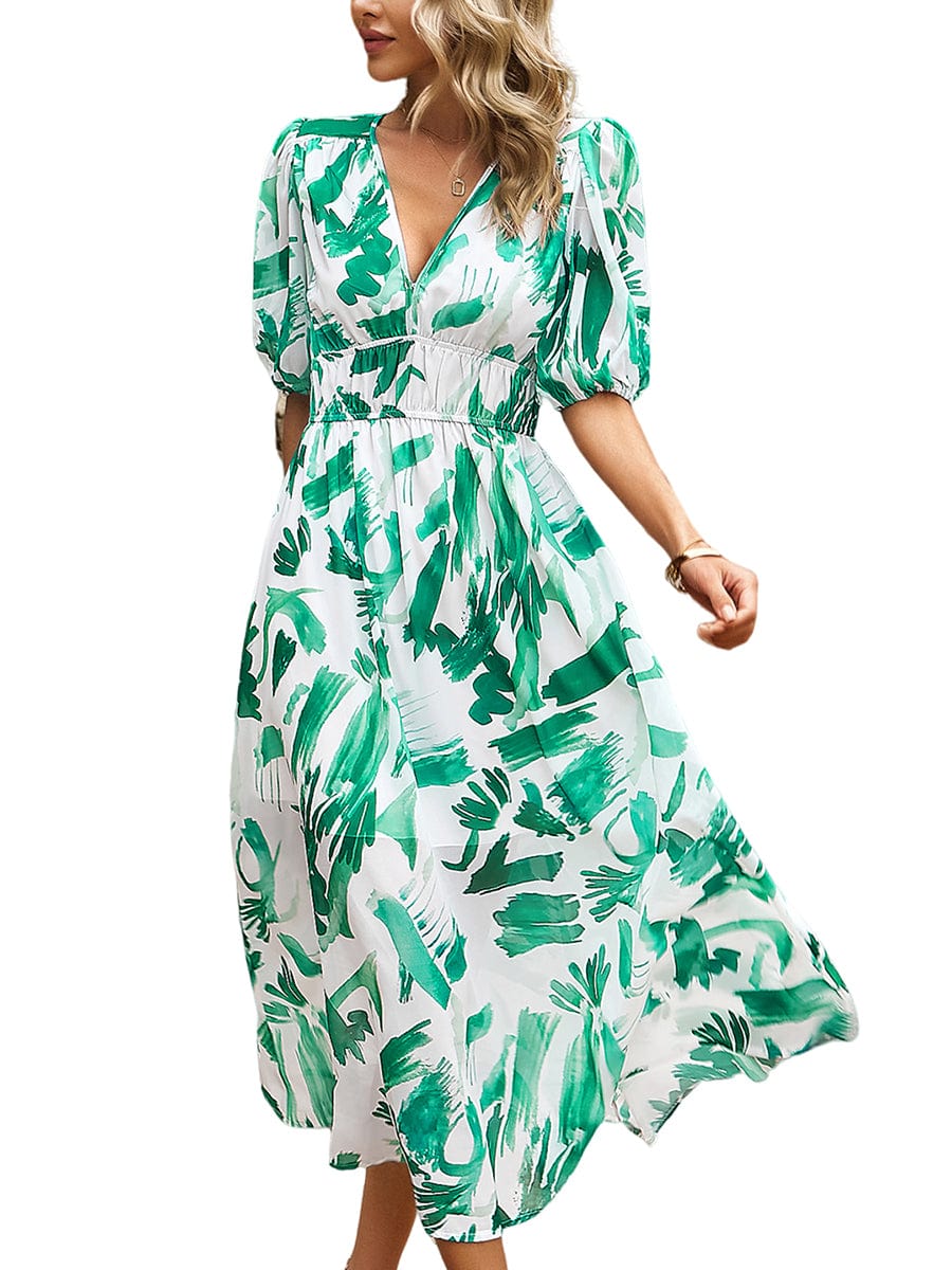 Temperament Print Waist V Neck Midi Dress