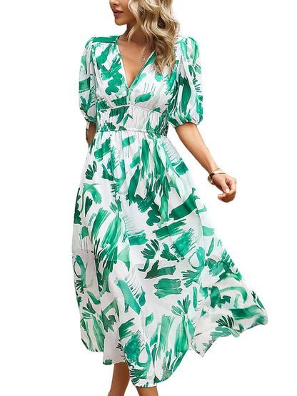 Temperament Print Waist V Neck Midi Dress