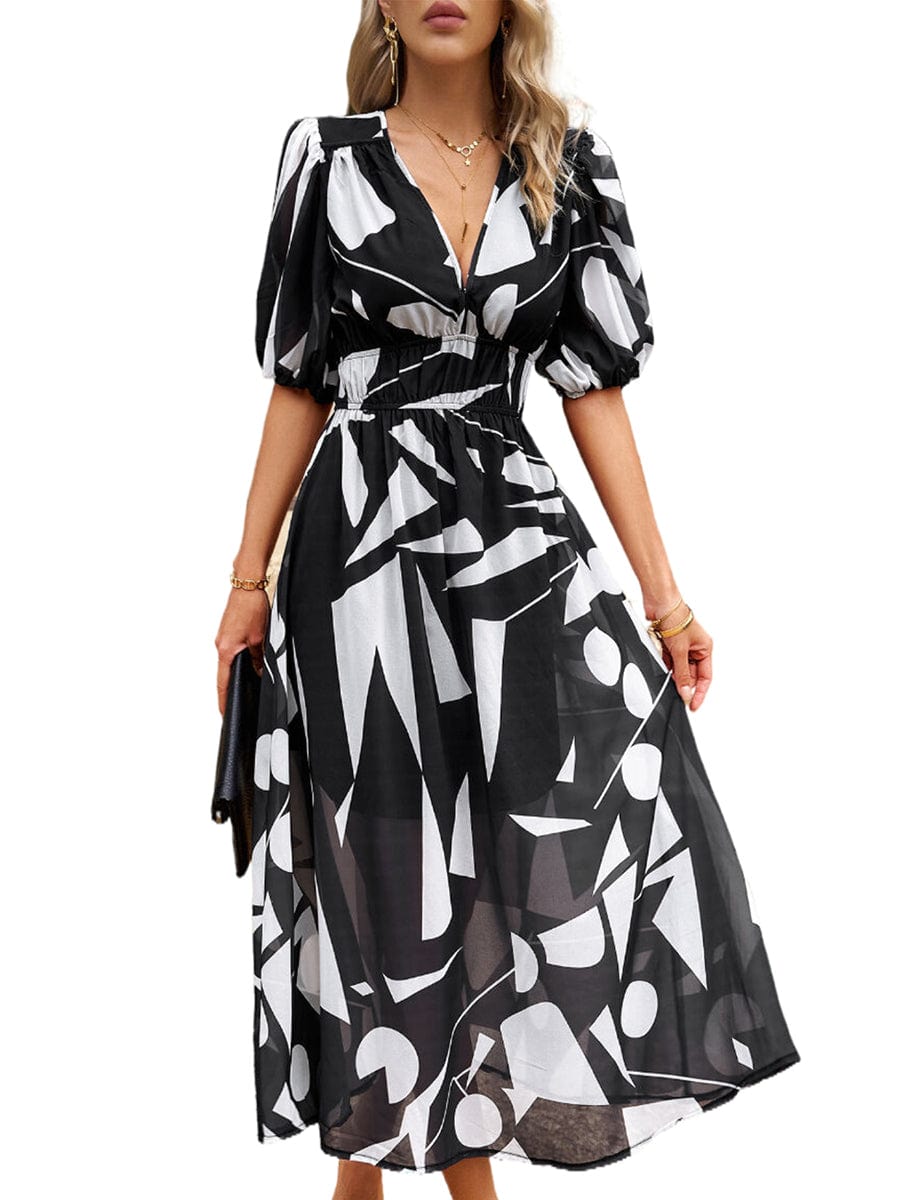 Temperament Print Waist V Neck Midi Dress