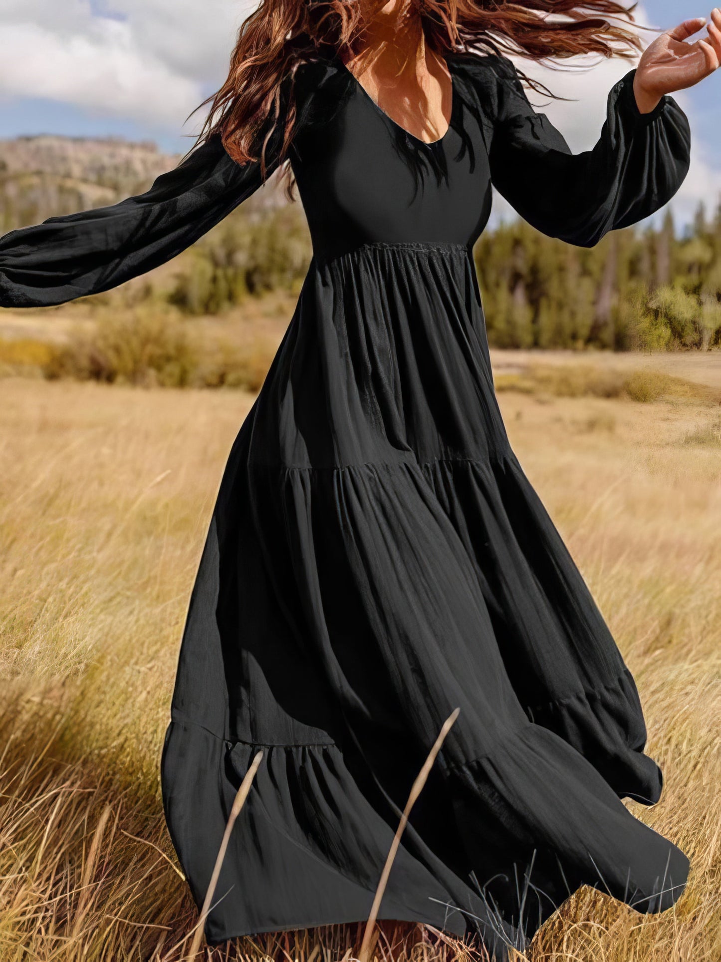 Maxi Dresses - Temperament V-Neck Long Sleeve Flowy Dress - MsDressly